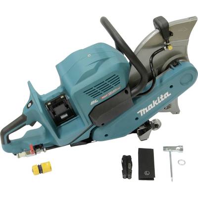 Eine blaue tragbare Motorsäge mit verschiedenen Zubehörteilen wie Batterien, Werkzeug und Ersatzteilen, markiert mit 'Makita'.