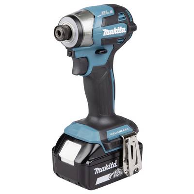 Ein kabelloser Makita Schlagschrauber mit einer 18V-Batterie, mit einem kompakten, ergonomischen Design und einem robusten bürstenlosen Motor für effiziente Leistung.