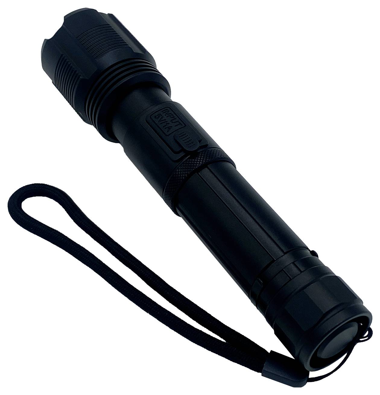 Eine schwarze Taschenlampe mit Handschlaufe, liegt auf einer weißen Oberfläche.