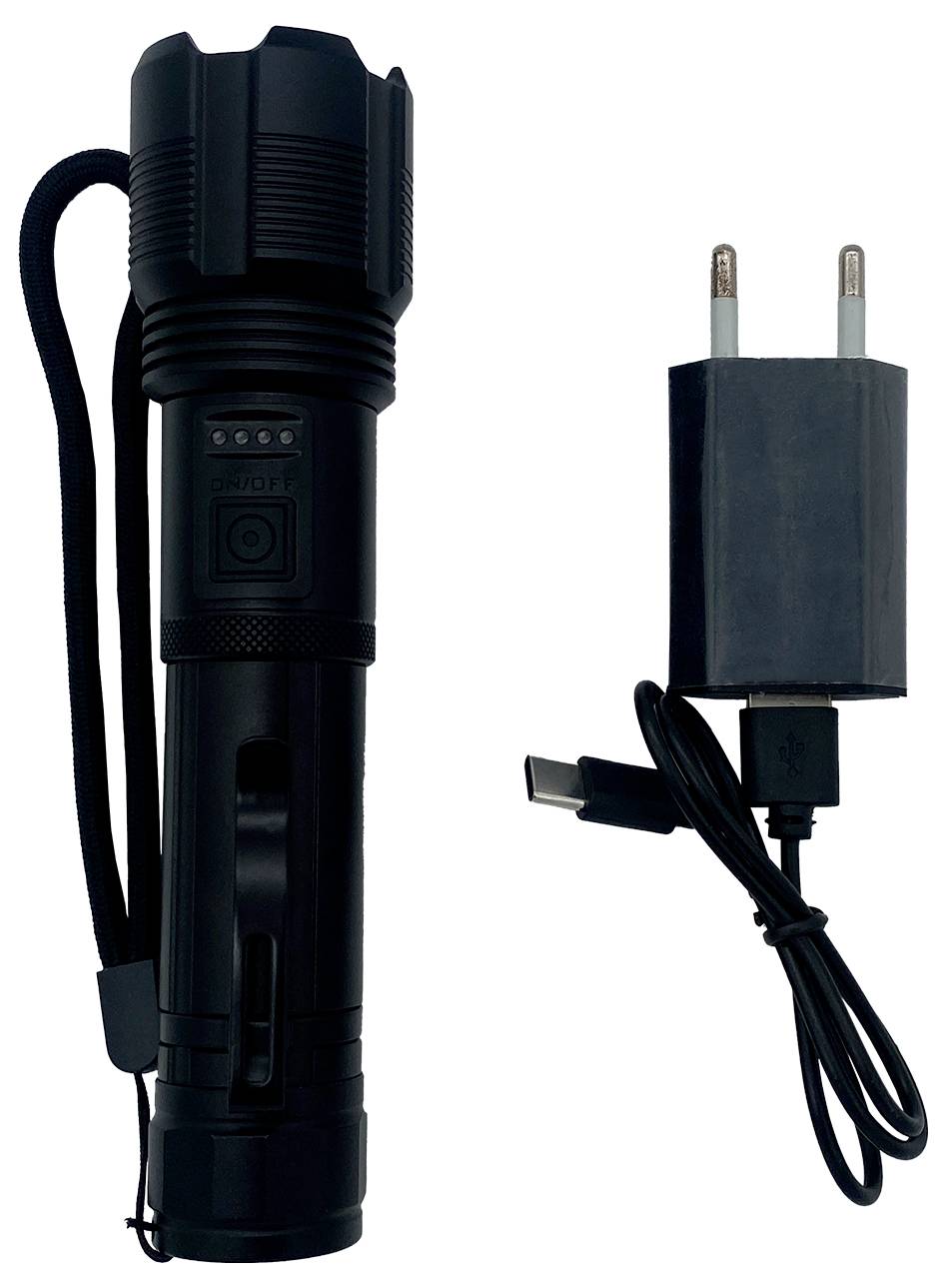 Schwarze Taschenlampe mit Handschlaufe und Ladegerät mit USB-Kabel.