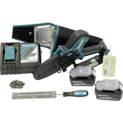 Akkukettensäge-Set mit zwei Akkus, Ladegerät und Zubehör. Enthalten sind eine Kette, ein Fläschchen Öl und eine Kunststofftasche.