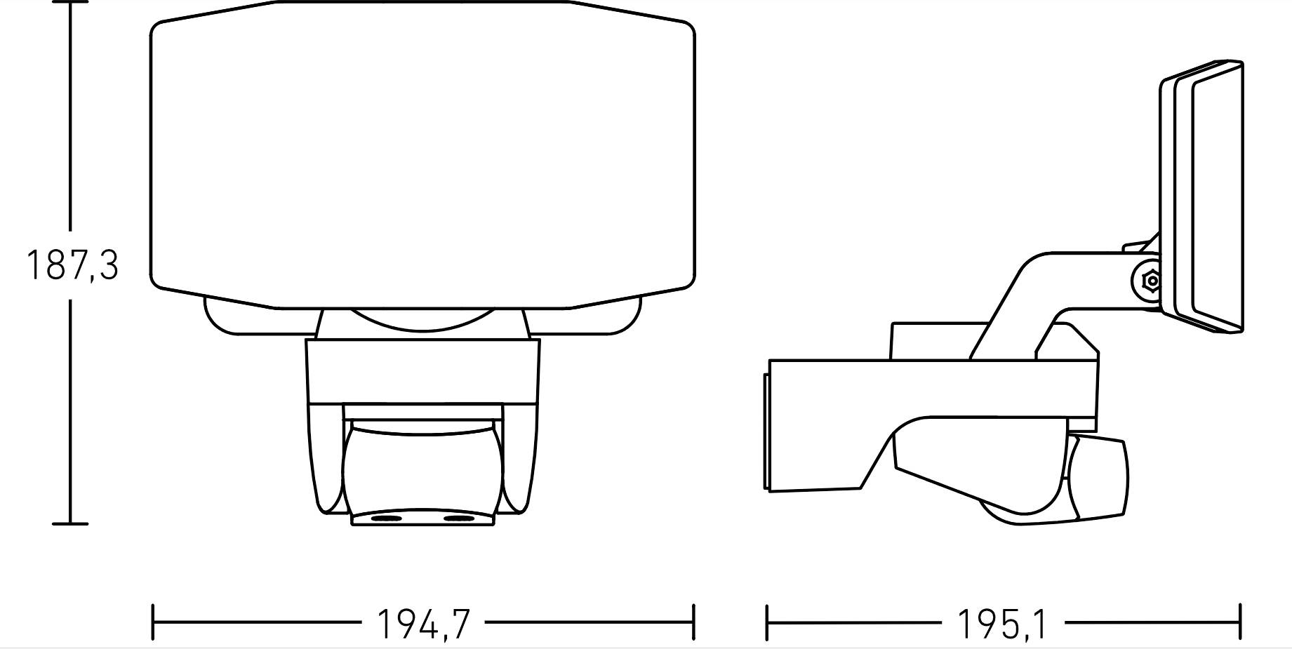 Technische Zeichnung eines Geräts mit den Maßen: Höhe 187,3 mm, Breite 194,7 mm, Tiefe 195,1 mm. Gerätekomponenten seitlich und von oben.