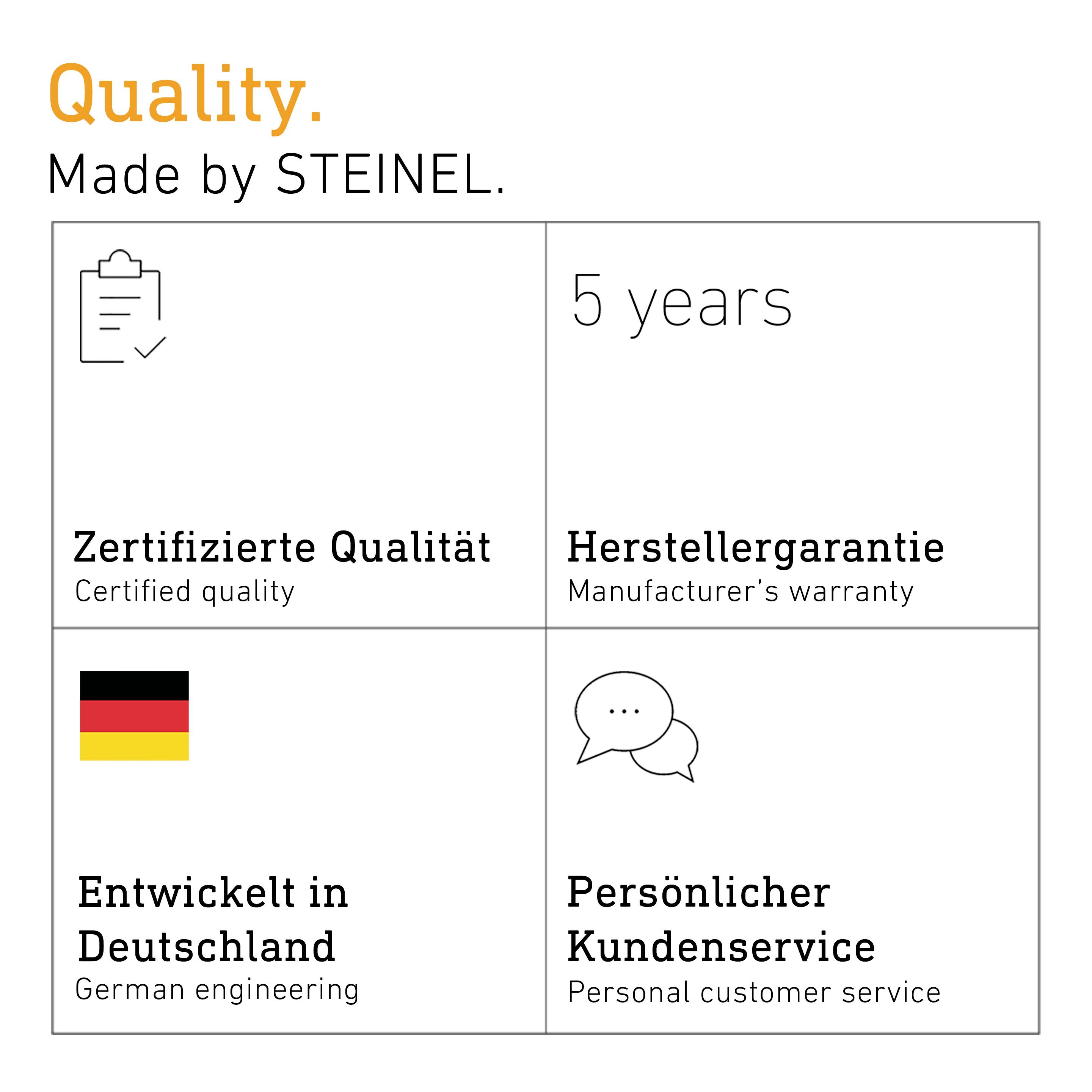 'Quality. Made by STEINEL.' Vier Felder: 1. Zertifizierte Qualität. 2. Herstellergarantie 5 Jahre. 3. Entwickelt in Deutschland. 4. Persönlicher Kundenservice.