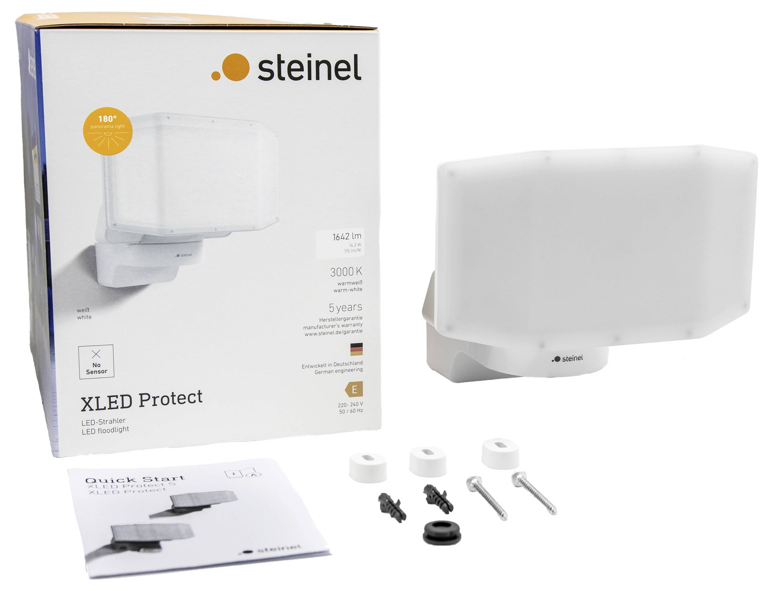 Bewegungsmelderlampe mit Verpackung und Zubehör. Die Lampe hat 3000 Lumen, eine Reichweite von 10 m und einen Erfassungswinkel von 180 Grad.