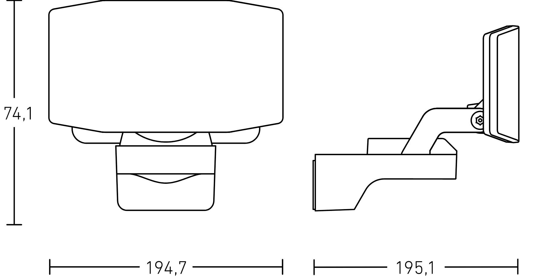 Technische Zeichnung einer Überwachungskamera mit den Maßen: Höhe 74,1 mm, Breite 194,7 mm, Tiefe 195,1 mm. Seiten- und Vorderansicht.