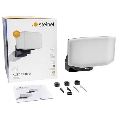 LED-Strahler 'Steinel XLED Protect' mit Verpackung und Zubehör. Zeigt Sicherheitslicht, 3000 K, 5 Jahre Garantie. Wandmontagezubehör enthalten.