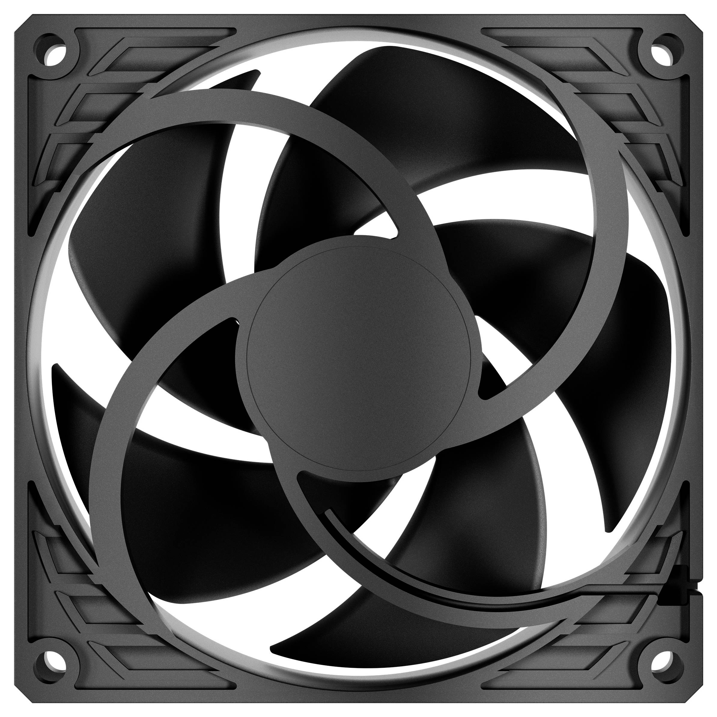 Ein schwarzer Computerlüfter mit fünf Blättern in einem quadratischen Rahmen. Er dient zur Kühlung und Belüftung von PC-Komponenten.