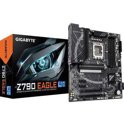 'GIGABYTE Z790 EAGLE' Gaming-Mainboard neben der Produktverpackung. Mainboard mit verschiedenen integrierten Anschlüssen und Slots.
