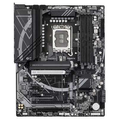 Abbildung eines Mainboards von Gigabyte für Computer, zeigt verschiedene Steckplätze und Anschlüsse für Prozessor, RAM und Erweiterungskarten.
