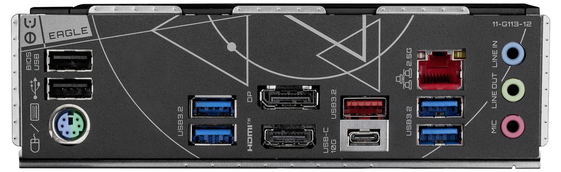 Rückseite eines PC-Motherboards mit mehreren USB-Anschlüssen, einem HDMI-Port, Ethernet-, Audio- und PS/2-Anschluss.
