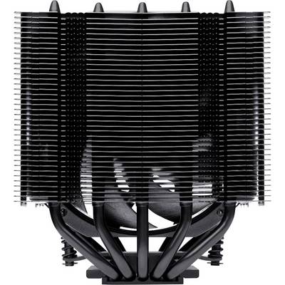 Ein schwarzer CPU-Kühler mit mehreren Lamellen und Heatpipes, frontal abgebildet.