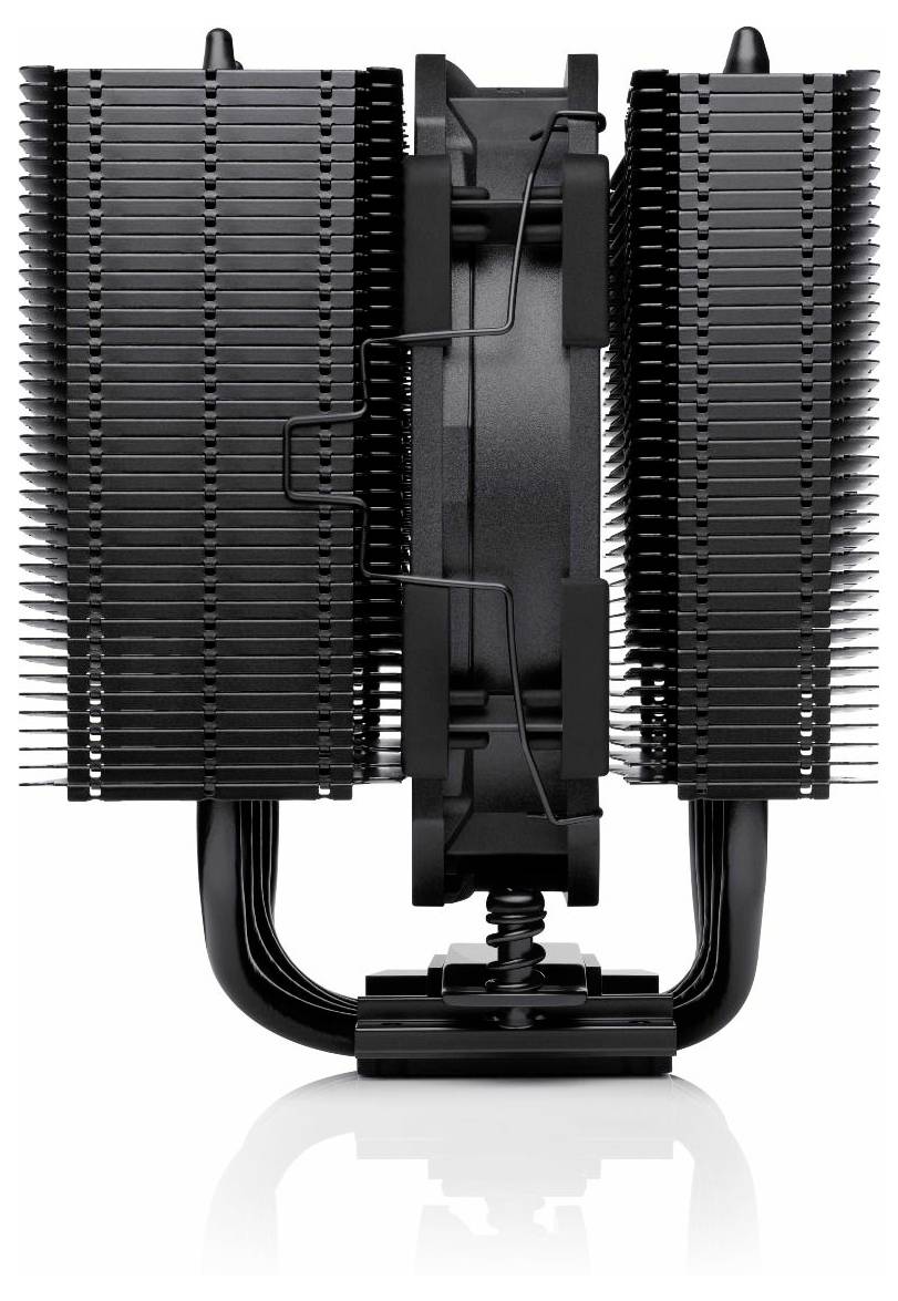 PC-Lüfter: Schwarzes Doppelturm-Design, symmetrische Lamellenstruktur. Kühlrippen links und rechts um vertikale Heatpipes.