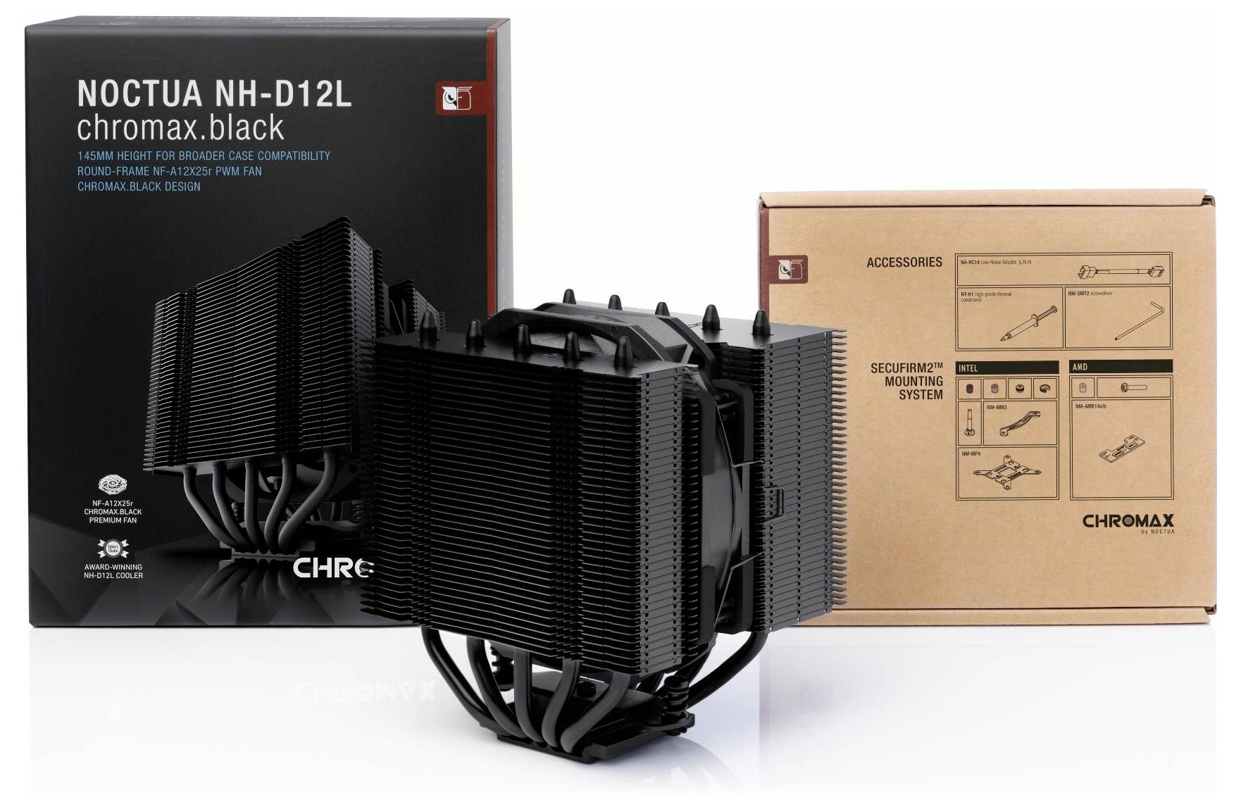 Schwarzer CPU-Kühler mit mehreren Lamellen und Heatpipes, freistehend, für die Kühlung in Computern.