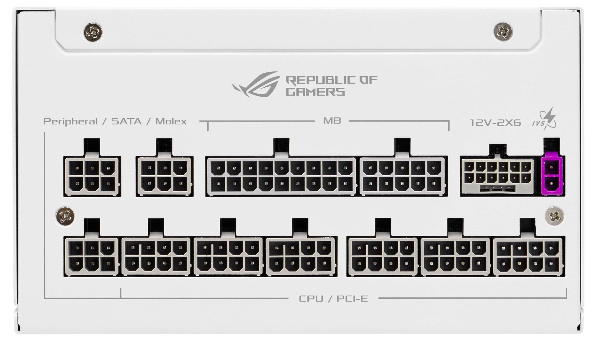 Weiße Computer-Netzteil-Rückseite mit mehreren modularen Anschlüssen, kategorisiert für 'Peripheral/SATA/Molex', 'MB', und 'CPU/PCI-E'.