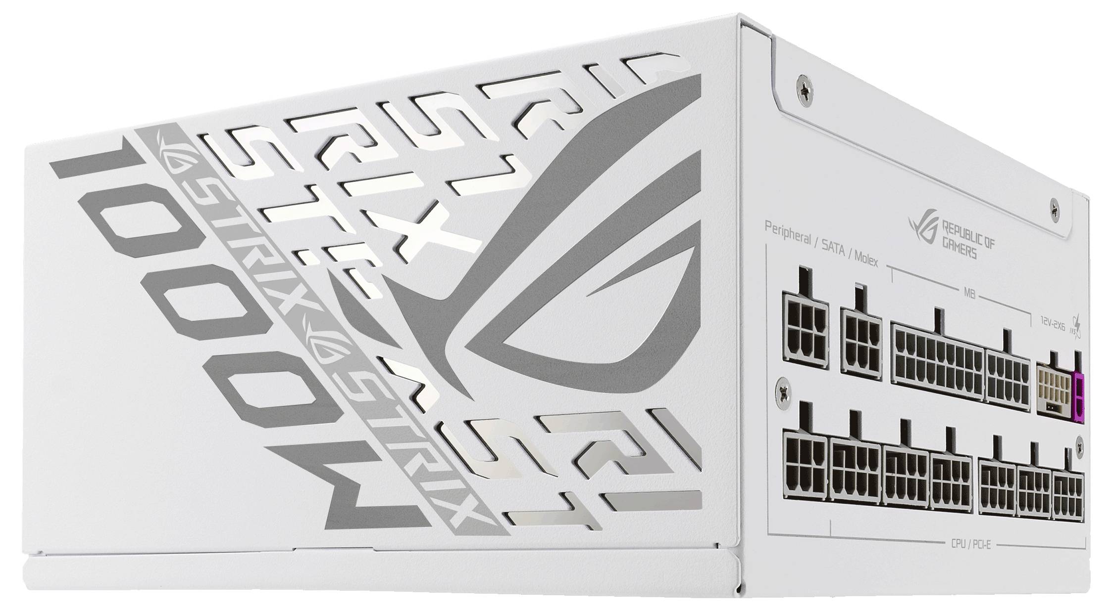 Weiße Computer-Netzteil mit ASUS ROG STRIX-Design; Vorderansicht zeigt mehrere Anschlussbuchsen für Kabel.