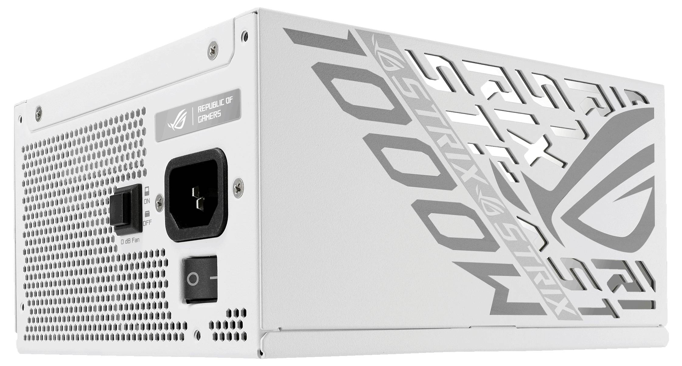 Weiße computernetzteil mit ROG-Logo und Schriftzug. Rückseite mit Lüftungsgittern, Netzschalter und Stromanschluss.