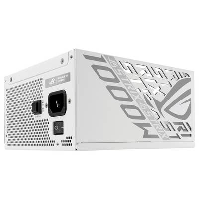 Weiße computernetzteil mit ROG-Logo und Schriftzug. Rückseite mit Lüftungsgittern, Netzschalter und Stromanschluss.