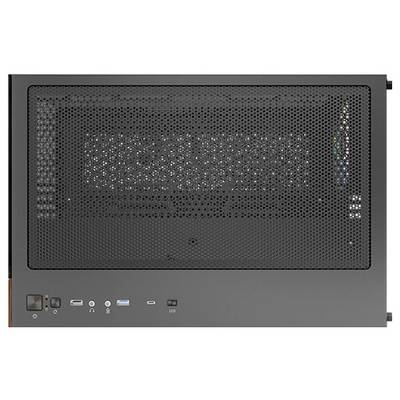 Ein Computergehäuse mit Lüftungsöffnung an der Oberseite, USB-Anschlüssen und Schaltern vorne.