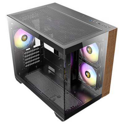 Ein transparenter Computergehäuse mit beleuchteten Lüftern zeigt die Innenarchitektur und ermöglicht eine gute Sicht auf die Komponenten.