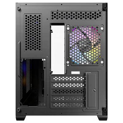 Rückansicht eines PC-Gehäuses mit integriertem, beleuchtetem Lüfter. Mehrere Erweiterungsslots sichtbar.