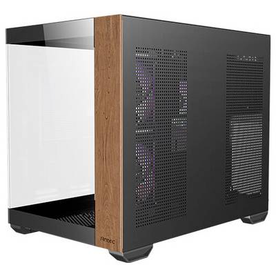 Schwarz-braunes Computergehäuse mit Glasfront und perforierter Seitentür zur Belüftung, geeignet für kompakte PC-Builds.