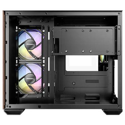 Gehäuse zeigt zwei RGB-Lüfter von Antec, montiert nebeneinander in einem leeren PC-Gehäuse, bereit für den Einbau von Computerkomponenten.
