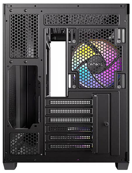 Schwarzes PC-Gehäuse, Rückansicht mit offenem Gitterdesign, zeigt beleuchteten Lüfter mit Regenbogen-LEDs und Erweiterungssteckplätzen.