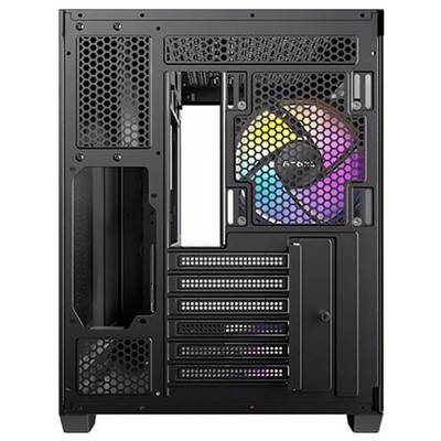 Schwarzes PC-Gehäuse, Rückansicht mit offenem Gitterdesign, zeigt beleuchteten Lüfter mit Regenbogen-LEDs und Erweiterungssteckplätzen.