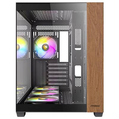 Computergehäuse mit transparentem Seitenteil und Holzakzent. Innen sind RGB-beleuchtete Lüfter sichtbar. Geeignet zum Selberbauen.