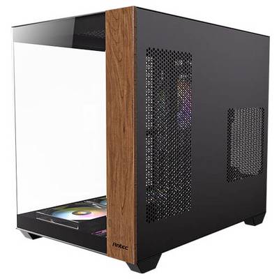 Ein moderner, schwarzer Computergehäuse mit Glasfront und Holzakzent auf der Vorderseite, zeigt interne RGB-Beleuchtung.