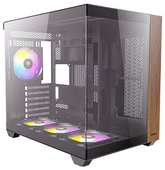 Ein Computergehäuse aus Glas mit bunten LED-Lichtern von Lüftern im Inneren. Es hat ein modernes Design und offene Gitterseiten.