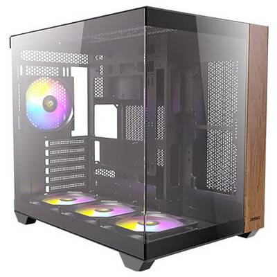 Ein Computergehäuse aus Glas mit bunten LED-Lichtern von Lüftern im Inneren. Es hat ein modernes Design und offene Gitterseiten.