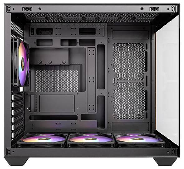 PC-Gehäuse mit Seitenansicht, zeigt leeres Inneres mit mehreren RGB-Lüftern unten und an der Seite, zur Belüftung und Beleuchtung.