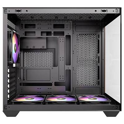 PC-Gehäuse mit Seitenansicht, zeigt leeres Inneres mit mehreren RGB-Lüftern unten und an der Seite, zur Belüftung und Beleuchtung.