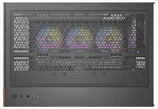 Ein Desktop-Computergehäuse mit perforierter Frontabdeckung zeigt drei beleuchtete Lüfter.