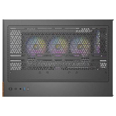 Ein Desktop-Computergehäuse mit perforierter Frontabdeckung zeigt drei beleuchtete Lüfter.