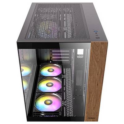 Gezeigtes PC-Gehäuse mit Glas- und Holz-Optik, enthält bunte Gehäuselüfter mit RGB-Beleuchtung. Moderne und stilvolle Technik.