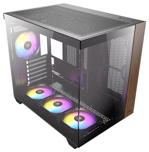 Ein Computergehäuse mit Glasseitenwand zeigt vier farbige Lüfter. Gehäuse verfügt über eine Netzabdeckung oben und Holzdetails an der Seite.