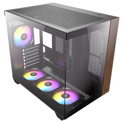 Ein Computergehäuse mit Glasseitenwand zeigt vier farbige Lüfter. Gehäuse verfügt über eine Netzabdeckung oben und Holzdetails an der Seite.