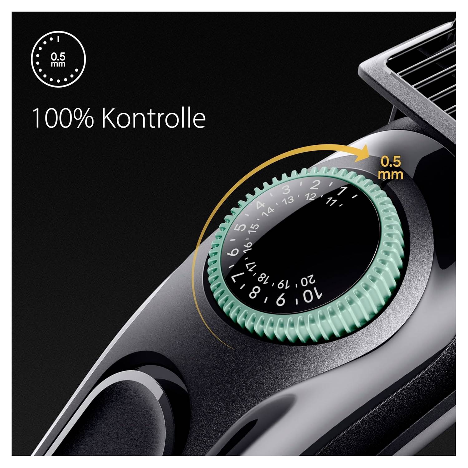 Elektrischer Haarschneider mit grüner Einstellscheibe auf 0,5 mm. Text: '100% Kontrolle'.