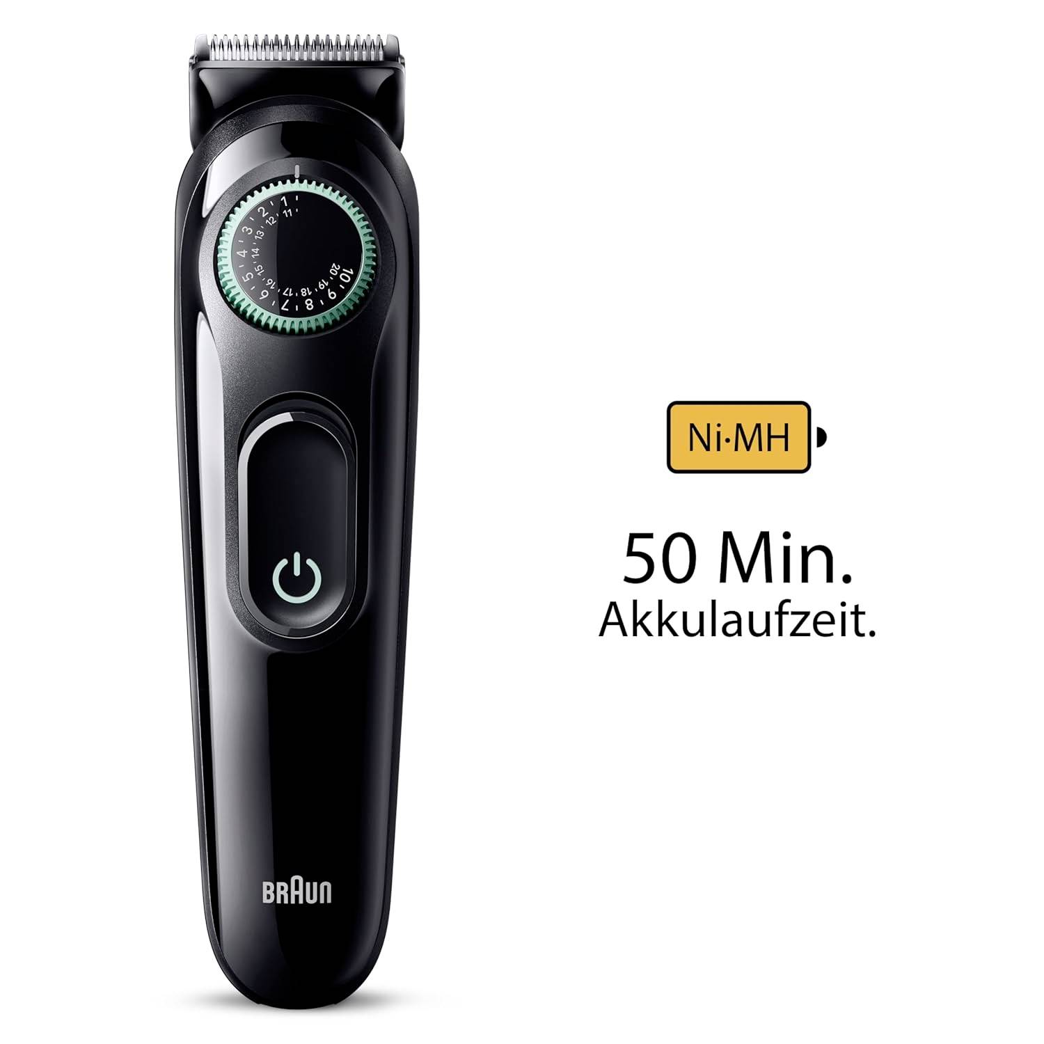 Ein schwarzer elektrischer Haarschneider von Braun mit Einstellrädchen und Ein-/Ausschalter. Text: '50 Min. Akkulaufzeit. Ni-MH.'