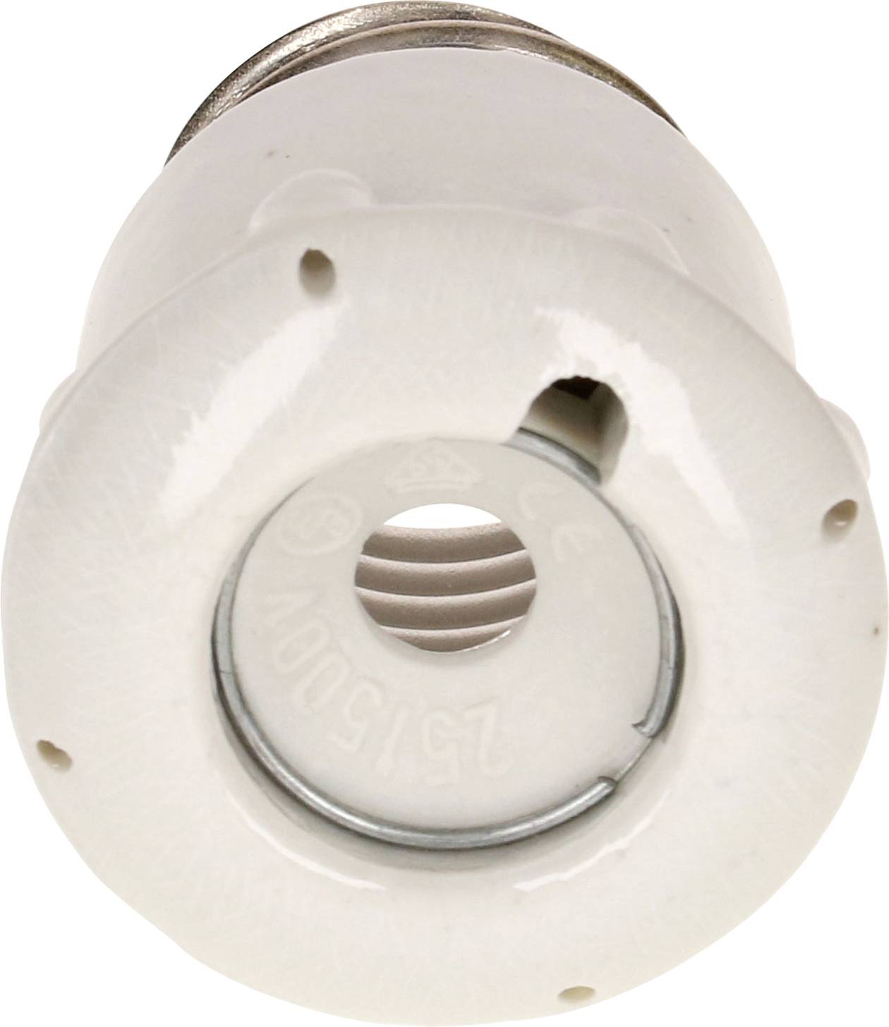 Ein weißer keramischer Lampensockel mit Schraubgewinde. Geeignet für eine Spannung von 250V und Leistung von 1500W.