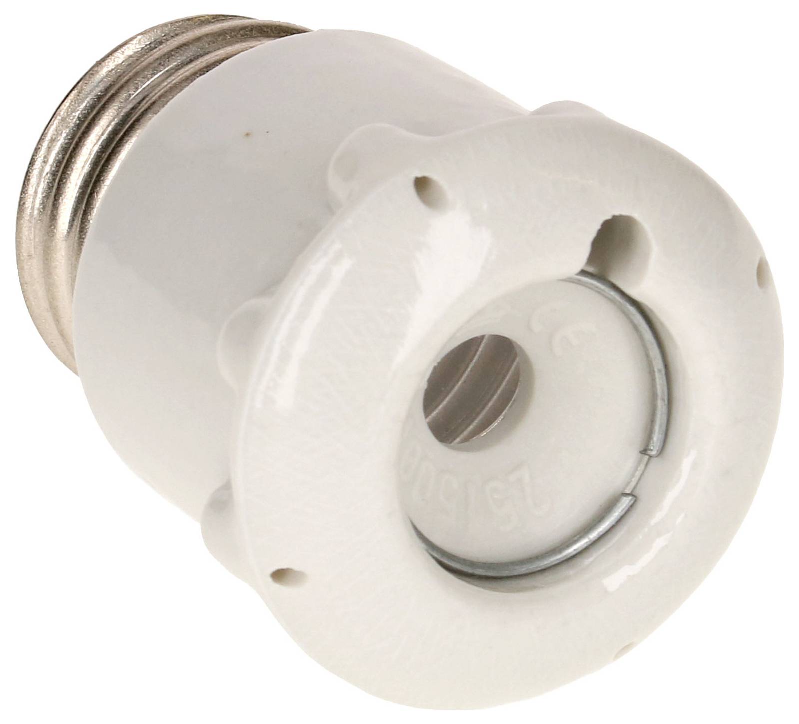 Adapterfassung für Glühbirnen, E27-Sockel, weißes Keramikgehäuse, zwei Anschlussklemmen, speziell für Haushaltsleuchten geeignet.