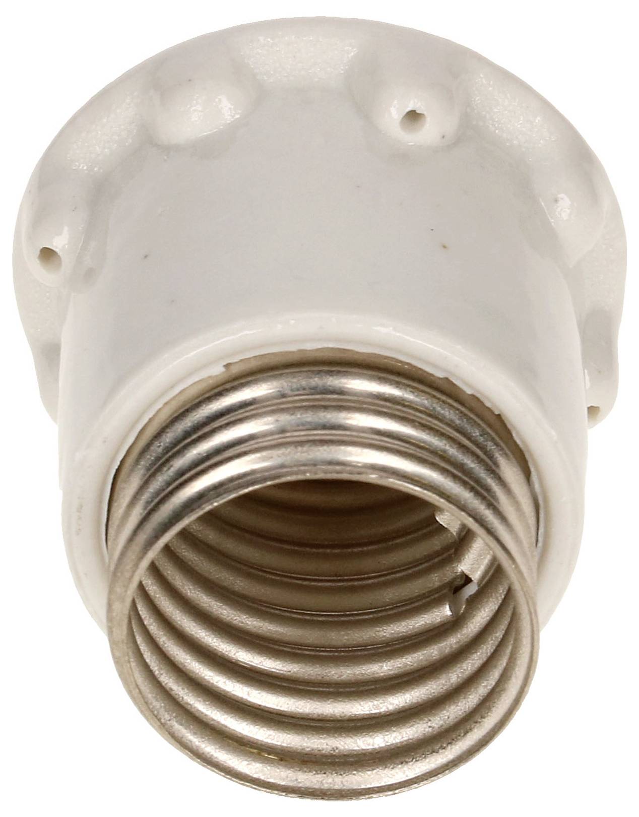 Eine weiße Lampenfassung, typischerweise für Glühbirnen, mit Metallgewinde sichtbar.