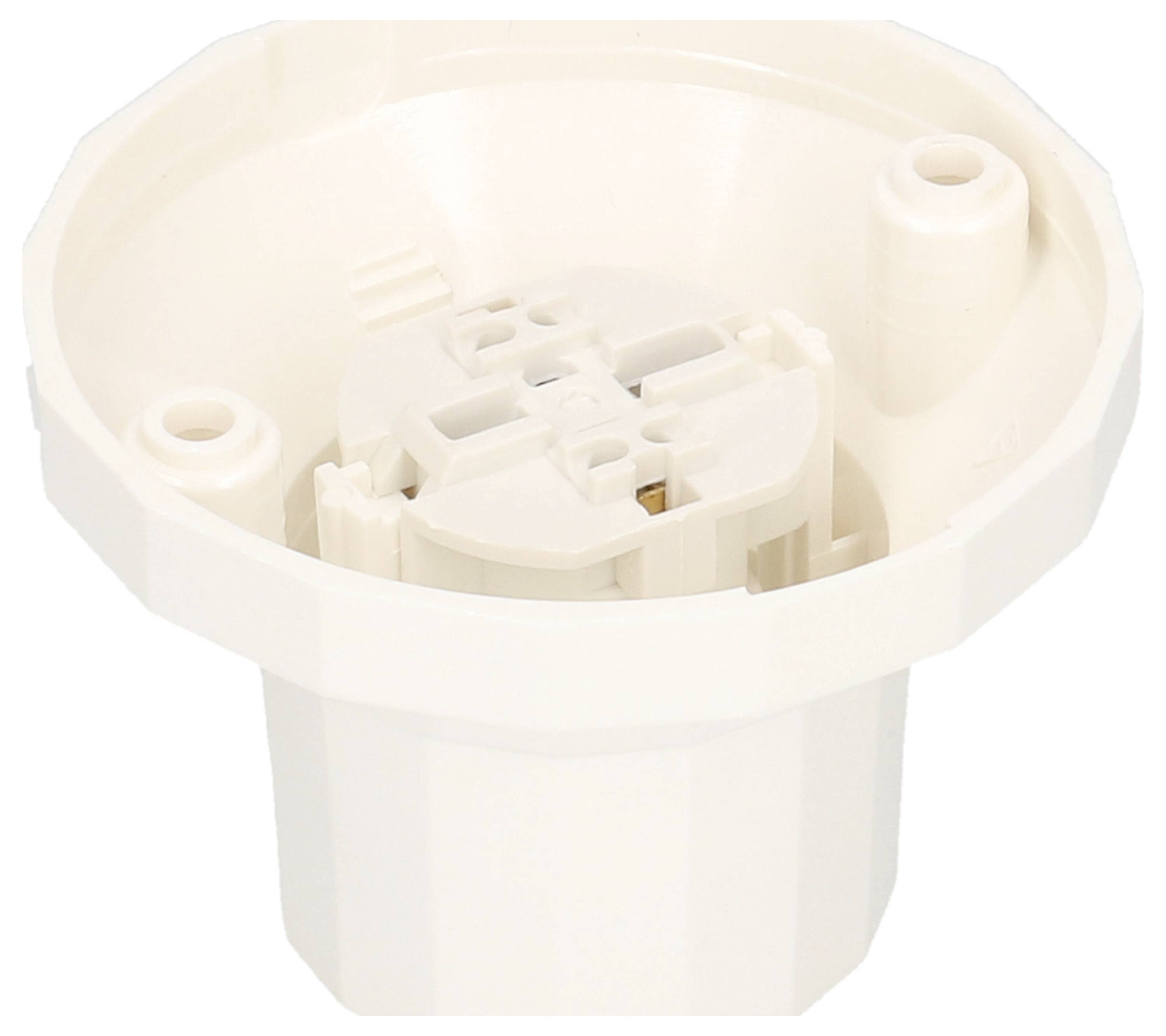 Ein weißer Plastikadapter mit mehreren Einsteckbuchsen und einer runden Basis, möglicherweise ein Teil eines größeren Geräts oder Systems.