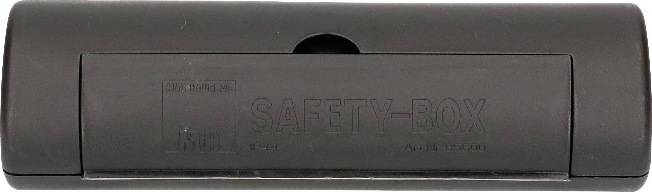 Schwarze Kunststoff-Sicherheitsbox mit Aufschrift 'SAFETY-BOX'. Rechteckige Form, geschlossen.
