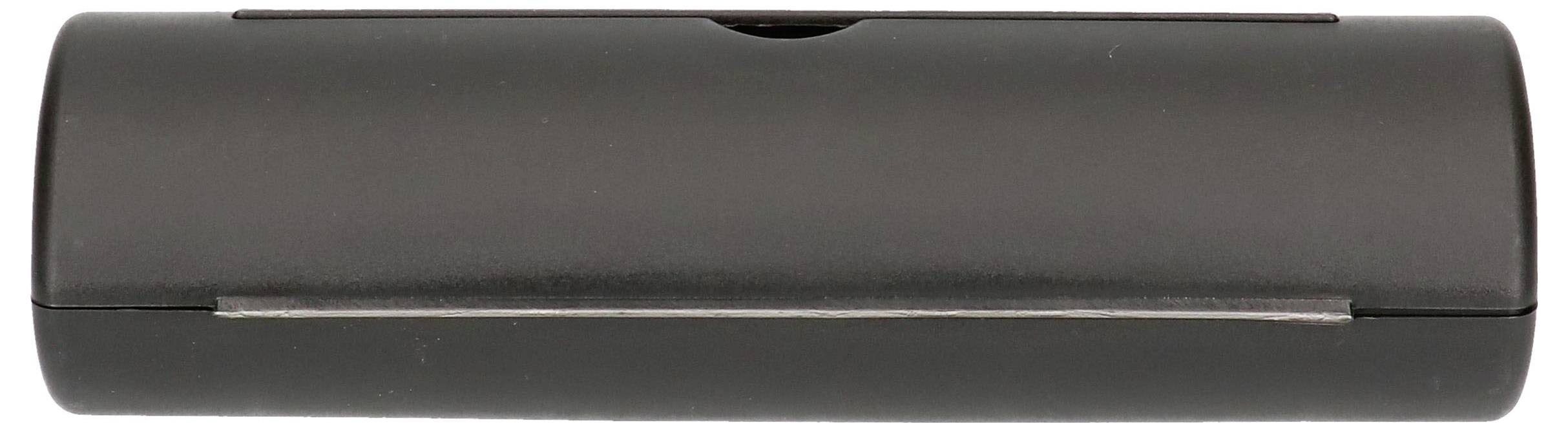 Ein schwarzes, rechteckiges Etui mit einem Scharnier, möglicherweise für das Aufbewahren von Brillen oder kleinen Gegenständen.