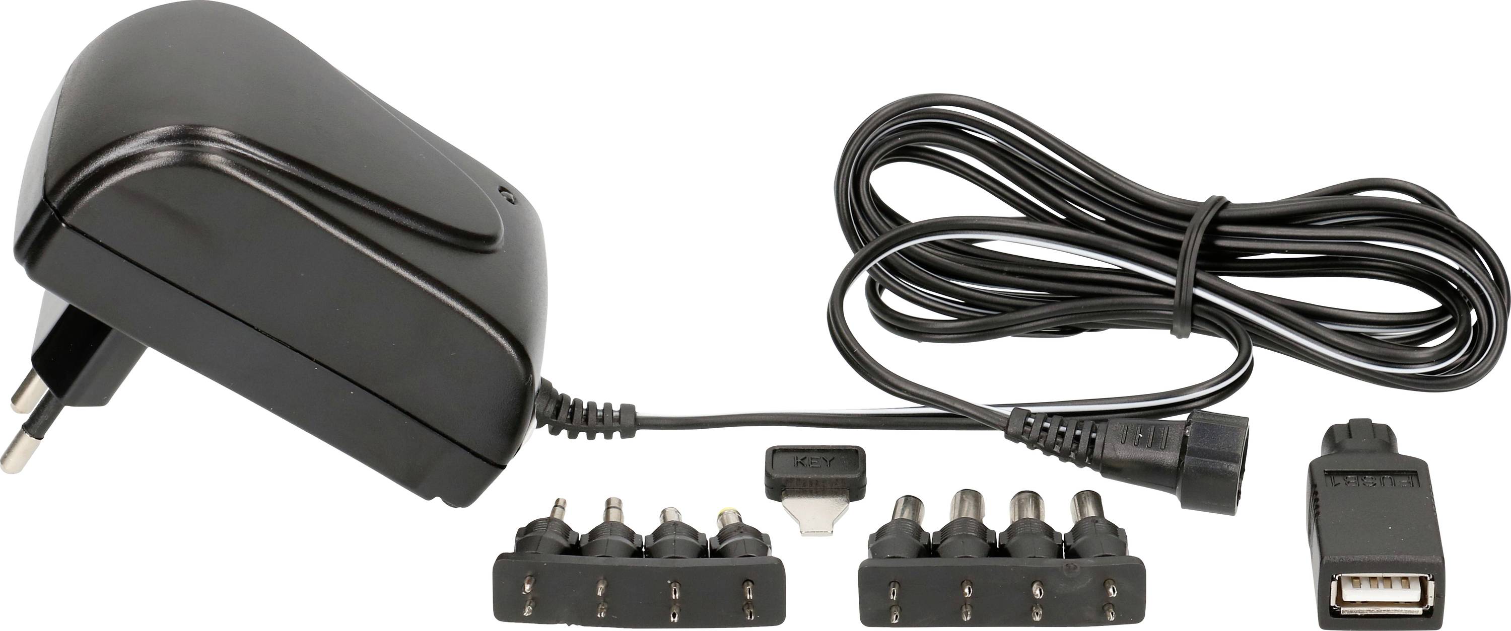 Schwarzes Netzteil mit mehreren Wechselsteckern und USB-Anschluss, geeignet für verschiedene elektronische Geräte.