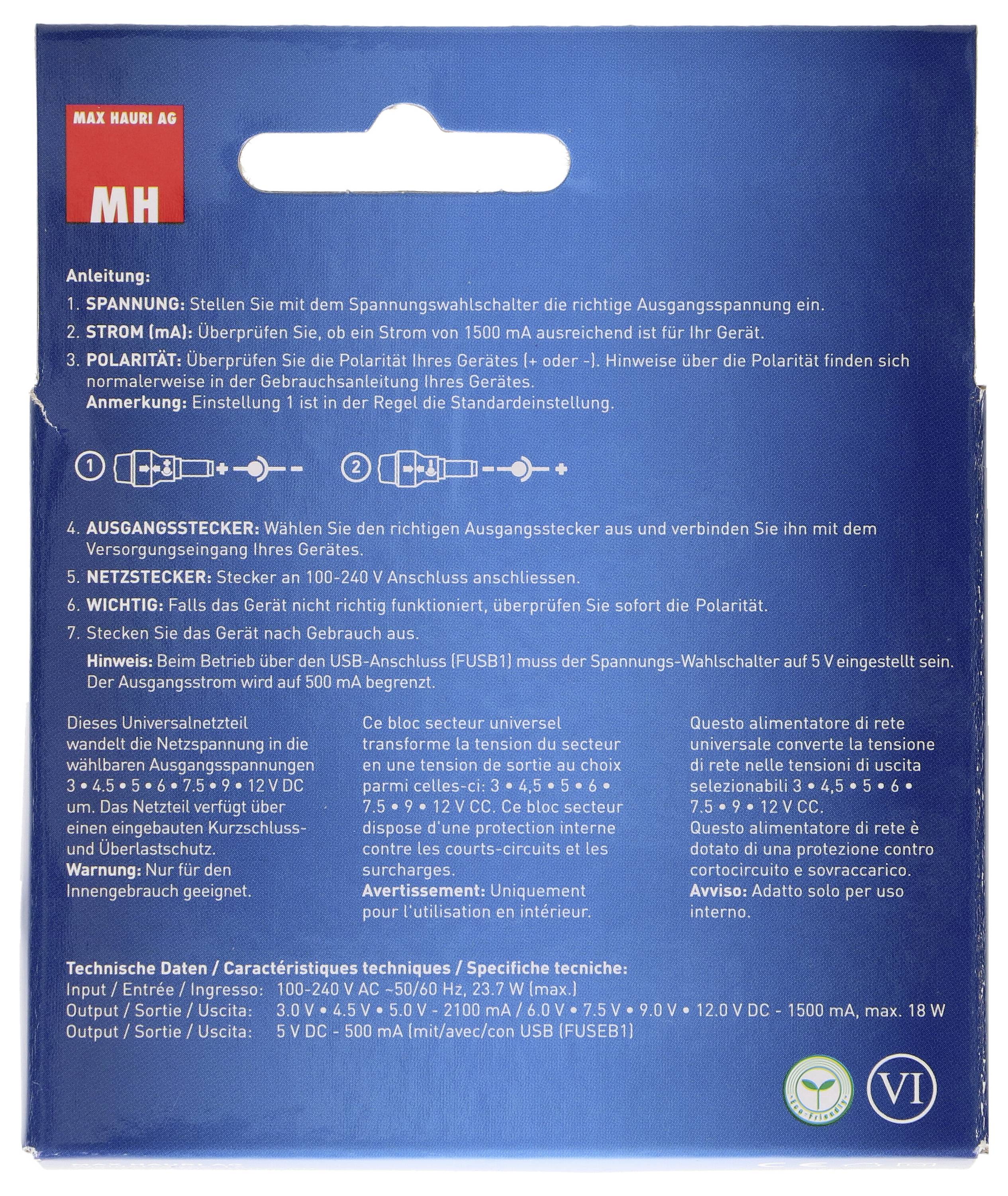 Auf der Verpackung steht die Anleitung für die Einstellung und Verwendung eines Netzadapters der Marke Max Hauri AG mit Hinweisen zu Spannung, Strom, Polarität und Anschlüssen.