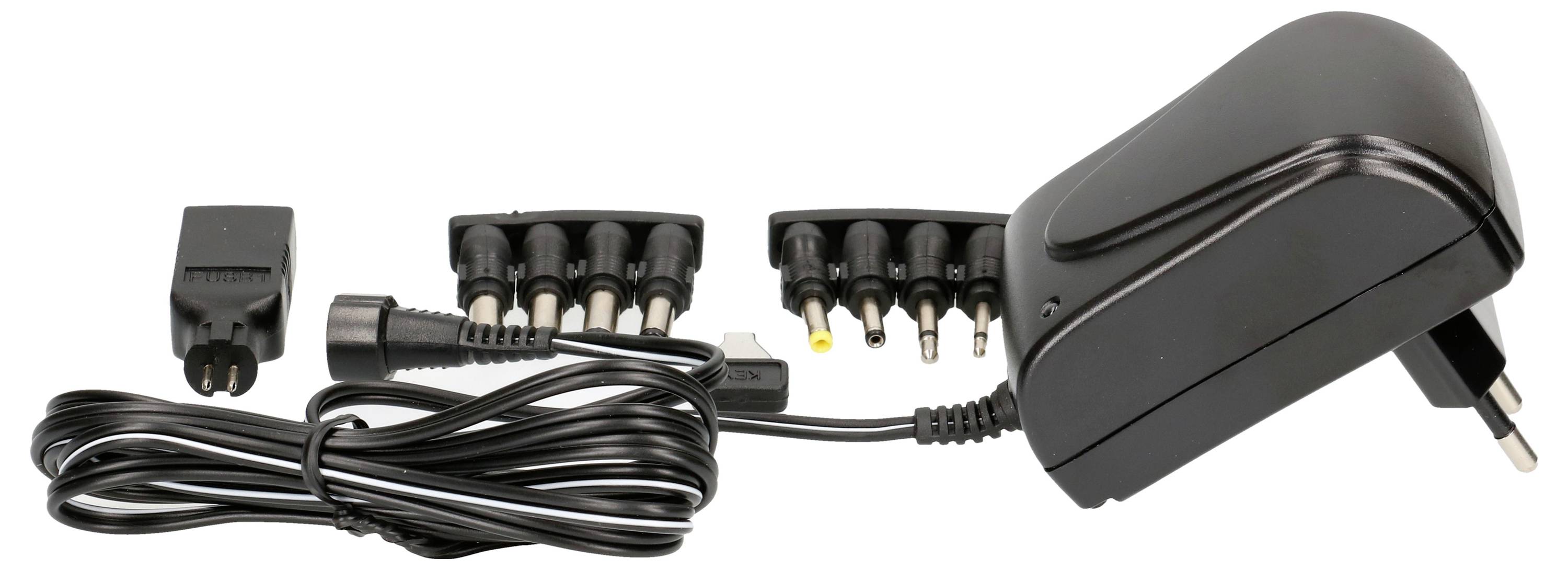 Ein schwarzes Netzteil mit Euro-Stecker und abnehmbarem Adapter. Mehrere austauschbare Steckköpfe sind daneben angeordnet.